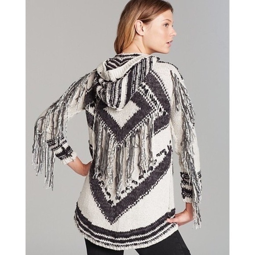 Free People Show Me The Way Fringe Full Zip Cardigan Size Small Black/Cream